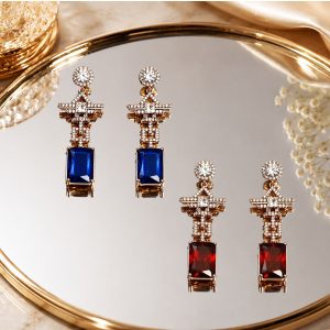 Royal Prism 18K Gold Plated Sapphire & Ruby Zirconia Statement Earrings – Luxury Designer Crystal Drop Earrings
