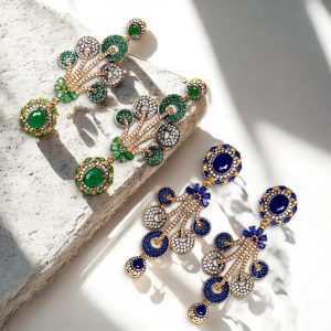 Imperial Peacock Cascade Earrings – 24K Gold Plated Emerald & Sapphire Zirconia Statement Earrings