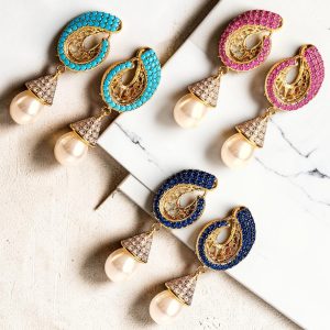 Royal Paisley Pearl Drop Earrings – 24K Gold Plated Zirconia Designer Earrings