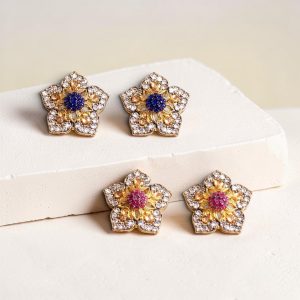 Blossom Royale Floral Stud Earrings – 24K Gold Plated Zirconia Luxury Flower Earrings