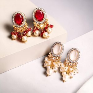 Royal Pearl Elegance Drop Earrings – 24K Gold Plated Zirconia Statement Earrings