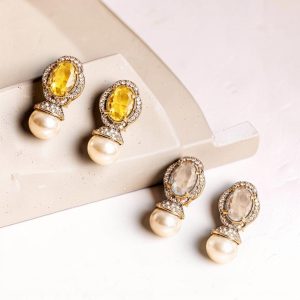 Golden Pearl Aura Stud Earrings – 24K Gold Plated Zirconia Pearl Drop Earrings