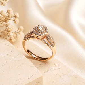Golden Blossom Halo Zirconia Ring – 18K Gold Plated Luxury Statement Ring