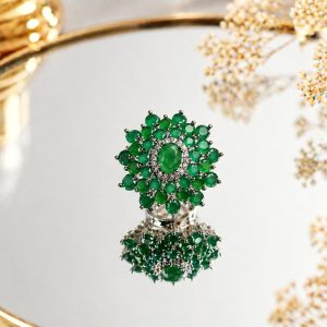 Emerald Royale Rhodium Plated Emerald Zirconia Floral Ring – Luxury Statement Ring