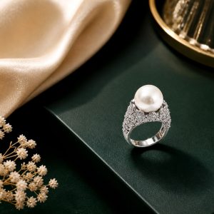 Pearl Majesty Rhodium Plated Pearl & Zirconia Adjustable Ring – Luxury Vintage Statement Ring