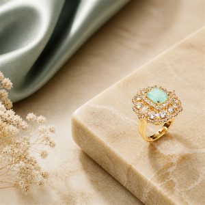 Aurora Mint 24K Gold Plated Iced Green Zirconia Adjustable Ring – Luxury Statement Fashion Ring