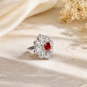 Scarlet Blossom Rhodium Plated Ruby Red Zirconia Adjustable Ring – Luxury Floral Statement Ring