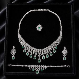 Emerald Royale Symphony Jewelry Set – Rhodium Plated Green Zirconia Necklace, Earrings, Bracelet & Adjustable Ring Set