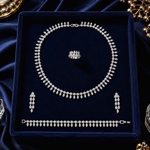 Imperial Crown Sparkle Luxury Jewelry Set – Rhodium Plated AAA+ Zirconia Necklace, Earrings, Bracelet & Adjustable Ring