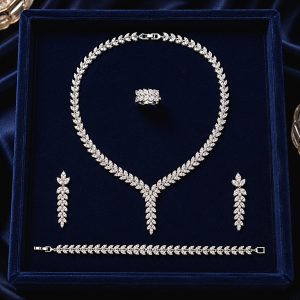 Regal Vine Elegance Jewelry Set – Rhodium Plated Zirconia Necklace, Earrings, Bracelet & Adjustable Ring Set