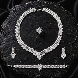 Majestic Snowfall Royale Jewelry Set – Rhodium Plated Zirconia Necklace, Earrings, Bracelet & Adjustable Ring Set