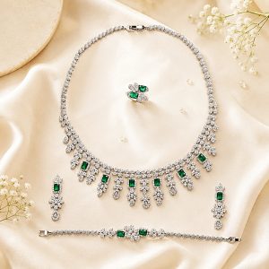 Emerald Royale Cascade Jewelry Set – Rhodium Plated Green Zirconia Necklace, Earrings, Bracelet & Adjustable Ring Set