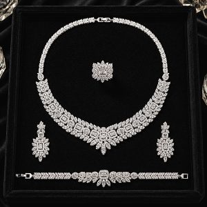 Imperial Diamond Radiance Jewelry Set – Rhodium Plated Zirconia Necklace, Earrings, Bracelet & Adjustable Ring Set