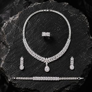 Celestial Dewdrop Luxe Jewelry Set – Rhodium Plated Zirconia Necklace, Earrings, Bracelet & Adjustable Ring Set