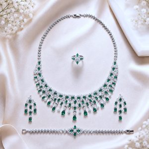 Emerald Royale Symphony Jewelry Set – Rhodium Plated Green Zirconia Necklace, Earrings, Bracelet & Adjustable Ring Set