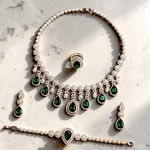 Emerald Majesty Elegance Jewelry Set – Rhodium Plated Green Zirconia Necklace, Earrings, Bracelet & Adjustable Ring Set
