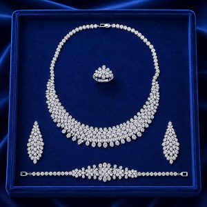 Royal Crystal Cascade Jewelry Set – Rhodium Plated Zirconia Necklace, Earrings, Bracelet & Adjustable Ring Set