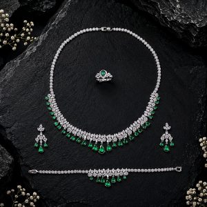 Emerald Enchanté Luxe Rhodium Plated Zirconia Jewelry Set – Necklace, Earrings, Bracelet & Adjustable Ring
