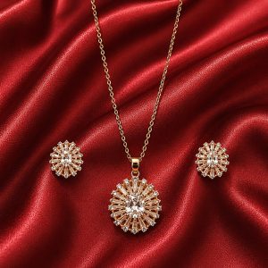 Imperial Radiance 24K Gold Plated Zirconia Pendant Set – Luxury Sunburst Necklace & Earrings
