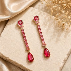 Rosé Royale 18K Gold Plated Ruby Pink Zirconia Drop Earrings – Luxury Designer Long Dangle Earrings