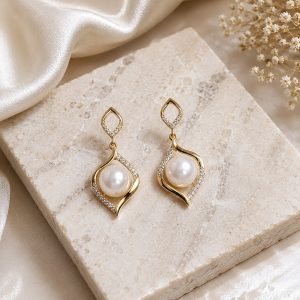 Luna Pearl Aura 14K Gold Plated Zirconia Pearl Drop Earrings – Elegant Designer Earrings