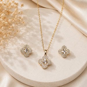 Royal Clover Luxe 14K Gold Plated Zirconia Pendant Set – Elegant Floral Necklace & Earrings Jewelry Set