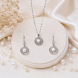 Pearl Halo Elegance Rhodium Plated Zirconia Pearl Pendant Set – Luxury Bridal Necklace & Earrings Set