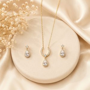 Golden Dewdrop Grace 14K Gold Plated Zirconia Pendant Set – Elegant Teardrop Necklace & Earrings Set