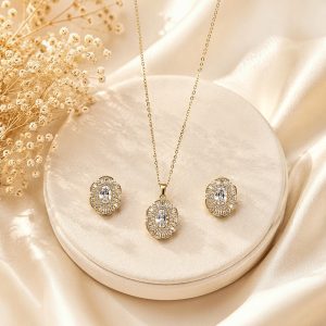 Celestial Halo Rhodium Plated Zirconia Pendant Set – Luxury Crystal Necklace & Earrings Set