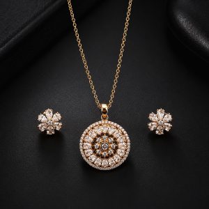 Aurora Royale 24K Gold Plated Zirconia Halo Pendant Set – Luxury Floral Jewelry