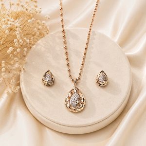 Golden Dew Elegance 18K Gold Plated Zirconia Pendant Set – Luxury Teardrop Necklace & Earrings Set