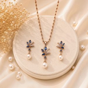 Royal Sapphire Pearl Bloom 18K Gold Plated Zirconia Pearl Pendant Set – Luxury Floral Necklace & Earrings Set