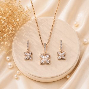 Luxe Petal Glow 18K Gold Plated Zirconia Pendant Set – Elegant Floral Necklace & Earrings Jewelry Set