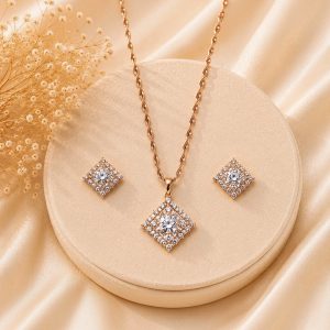Celestia Royale 18K Gold Plated Zirconia Pendant Set – Luxury Square Halo Necklace & Earrings