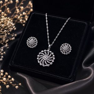 Celestial Vortex Rhodium Plated Zirconia Pendant Set – Luxury Spiral Crystal Necklace & Earrings