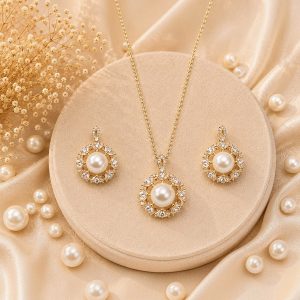 Imperial Pearl Halo 14K Gold Plated Zirconia Pendant Set – Elegant Pearl Necklace & Earrings