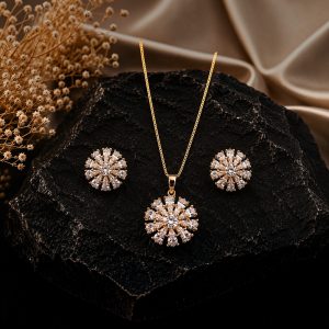 Radiance Bloom 14K Gold Plated Zirconia Pendant Set – Luxury Floral Crystal Necklace & Earrings