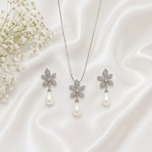 Snow Blossom Elegance Rhodium Plated Zirconia Pearl Pendant Set – Luxury Floral Necklace & Earrings
