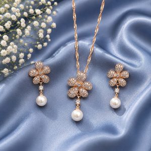 Golden Blossom Pearl Sparkle 18K Gold Plated Zirconia Pendant Set – Elegant Floral Necklace & Earrings