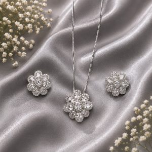 Crystal Bloom Rhodium Plated Zirconia Pendant Set – Luxury Floral Necklace & Earrings