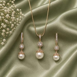 Imperial Pearl Grace 18K Gold Plated Zirconia Pendant Set – Luxury Pearl Drop Necklace & Earrings