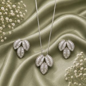 Celestial Leaf Luxe Rhodium Plated Zirconia Pendant Set – Premium Designer Necklace & Earrings