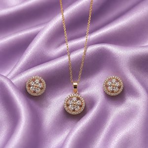 Aurora Blossom 14K Gold Plated Zirconia Pendant Set – Elegant Floral Necklace & Earrings