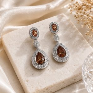 Mocha Elegance Rhodium Plated Champagne Zirconia Halo Drop Earrings – Luxury Designer Statement Earrings