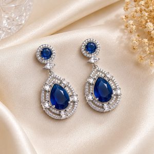 Royal Sapphire Halo Rhodium Plated Zirconia Drop Earrings – Luxury Blue Crystal Designer Earrings