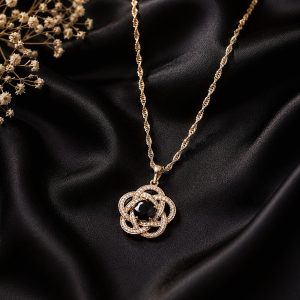 Midnight Bloom 18K Gold Plated Black Zirconia Floral Pendant