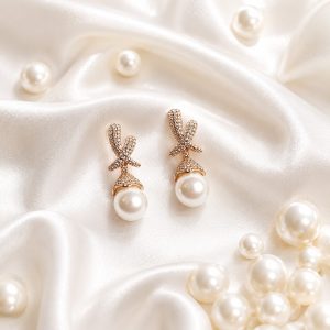 Aurielle Pearl Bow 18K Gold Plated Zirconia Pearl Earrings – Luxury Elegant Drop Earrings