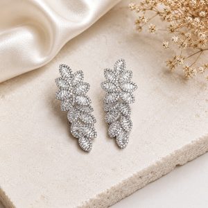 Silver Bloom Luxe Rhodium Plated Zirconia Floral Leaf Earrings – Premium Designer Crystal Earrings
