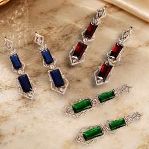 Imperia Mosaic 18K Gold Plated Multi-Colour Zirconia Statement Earrings – Luxury Sapphire, Emerald & Ruby Crystal Drop Earrings