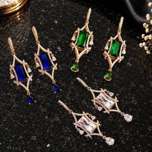 Celestia Luxe 18K Gold Plated Emerald, Sapphire & Crystal Zirconia Statement Earrings – Premium Designer Dangle Earrings
